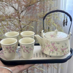 bộ ấm trà sắc hoa 4 ly kèm khay 
