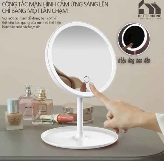 gương tròn để bàn nút cảm ứng đèn