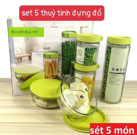 SET 5 THỦY TINH ĐỰNG ĐỒ NẮP XANH