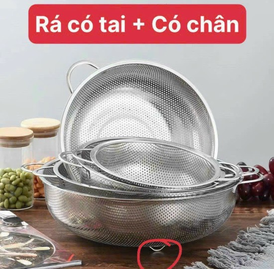 RỔ INOX 25.5CM CÓ TAI CÓ CHÂN ĐẾ