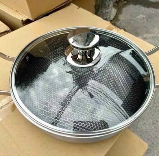 CHẢO TỔ ONG 2 QUAI CÓ NẮP THỦY TINH