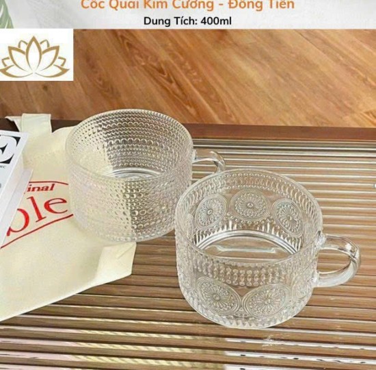 HỘP 2C LY THỦY TINH QUAI ĐỒNG TIỀN, QUAI KIM CƯƠNG