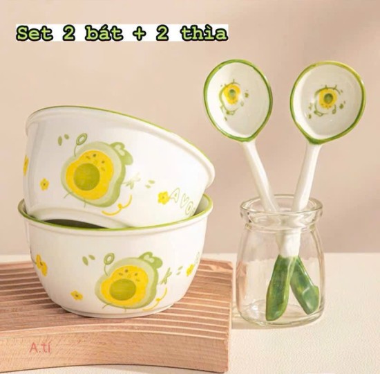 SET 2C BÁT TRÁI BƠ KÈM 2 MUỖNG ĐÓNG XỐP